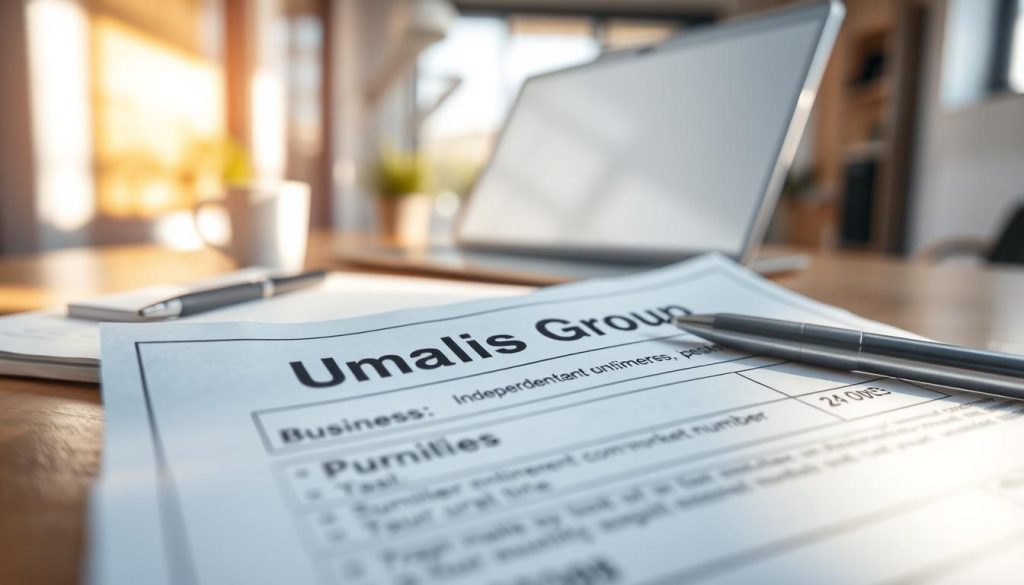 A close-up view of a business registration number document, prominently featuring the brand name "Umalis Group" at the top. In the foreground, the document is slightly crumpled, with a professional-looking pen lying beside it, suggesting recent use. The background softly fades into an office environment with a blurred laptop and a notepad, hinting at a workspace dedicated to independent contractors. Natural light streams in through a nearby window, casting soft shadows and highlighting the details on the document. The atmosphere is focused and professional, evoking a sense of responsibility and compliance in the business world. The overall color palette should reflect calmness and clarity, using whites, blues, and subtle earth tones. The angle should be slightly top-down, emphasizing the importance of the registration number in establishing a business foundation.