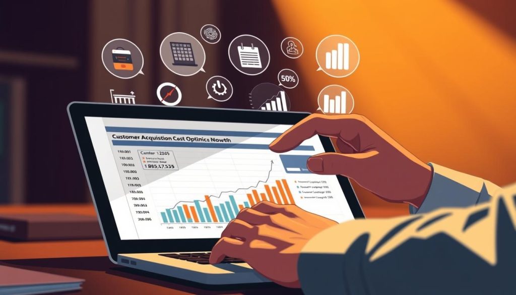 A close-up view of a businessman's hands analyzing financial data on a laptop screen, surrounded by icons and visualizations representing customer acquisition cost optimization. The scene is illuminated by a warm, directional light, casting dramatic shadows and highlights. The background is blurred, keeping the focus on the financial analysis in the foreground. The overall mood is one of strategic contemplation and problem-solving, conveying the importance of carefully optimizing customer acquisition costs for business growth.