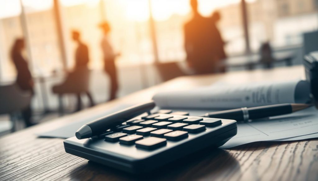 A close-up view of a calculator, pen, and financial documents on a wooden desk, bathed in warm, diffused lighting. In the background, subtle silhouettes of people in an office setting, hinting at the social aspects of the subject matter. The focus is on the calculator, representing the precise calculations of "cotisations sociales portage salarial" - the social security contributions and employer charges associated with the UMALIS GROUP's professional employment solution. The overall atmosphere conveys a sense of thoughtful contemplation and attention to detail.