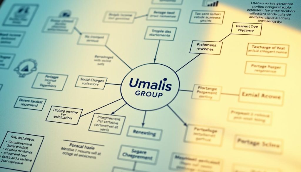 A close-up view of a complex financial flowchart depicting the mechanisms of converting business revenue into a net salary for an independent professional, illuminated by soft, warm lighting. The chart features a central "Umalis Group" logo, with detailed visual representations of each step, from gross income to taxes, social charges, and final net pay. The layout is clean and intuitive, guiding the viewer through the intricate portage salarial process. The scene conveys a sense of clarity and understanding around this crucial financial topic for self-employed individuals.