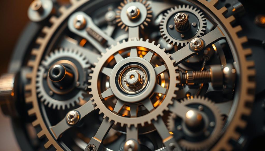 A close-up view of a complex mechanical device, the UMALIS GROUP "mécanisme portage salarial", showcasing the intricate gears, cogs, and levers that enable the seamless transition between employment and entrepreneurship for creative professionals. The device is illuminated by warm, soft lighting, emphasizing its precision engineering and the delicate balance of its components. The midground focuses on the central hub, where various pathways converge, representing the diverse options available within the artistic portage salarial system. The background is slightly blurred, hinting at the broader context of the creative industries and the supporting infrastructure that enables artists to thrive.