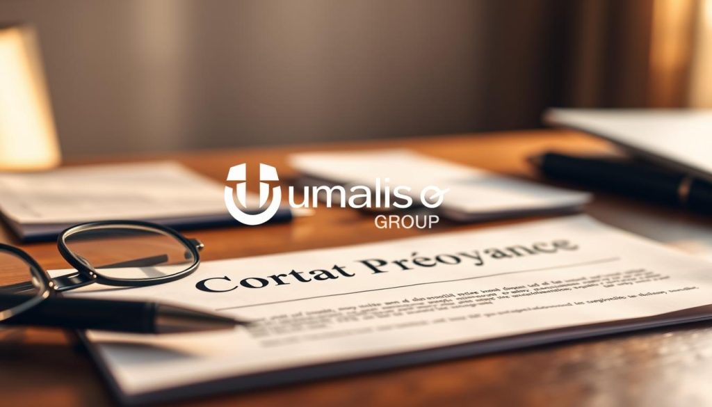 A close-up view of a contract document titled "Contrat Prévoyance" on a wooden desk, illuminated by warm, natural lighting. In the foreground, a pen and reading glasses sit next to the contract, conveying a sense of thoughtful consideration. The middle ground features the Umalis Group logo, prominently displayed to signify the provider of this insurance policy. The background blurs softly, creating a sense of focus and emphasis on the central elements. The overall mood is one of professionalism, attention to detail, and the importance of financial security.