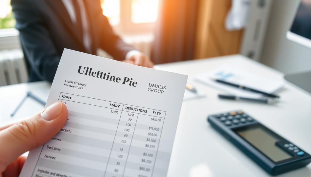 A close-up view of a detailed pay slip, titled "Bulletin de Paie," prominently displaying sections like gross salary, deductions, and net pay. In the foreground, fingers of a professional individual in business attire are gently holding the pay slip, illustrating engagement with the document. In the middle ground, a clean, well-organized office desk featuring a modern calculator, a pen, and a digital device is visible. The background features a softly blurred window view, allowing natural sunlight to illuminate the scene, creating a warm and productive atmosphere. The image should convey clarity and professionalism. Include a subtle branding touch of "UMALIS GROUP" embossed on the corner of the pay slip, ensuring it integrates seamlessly into the overall design.