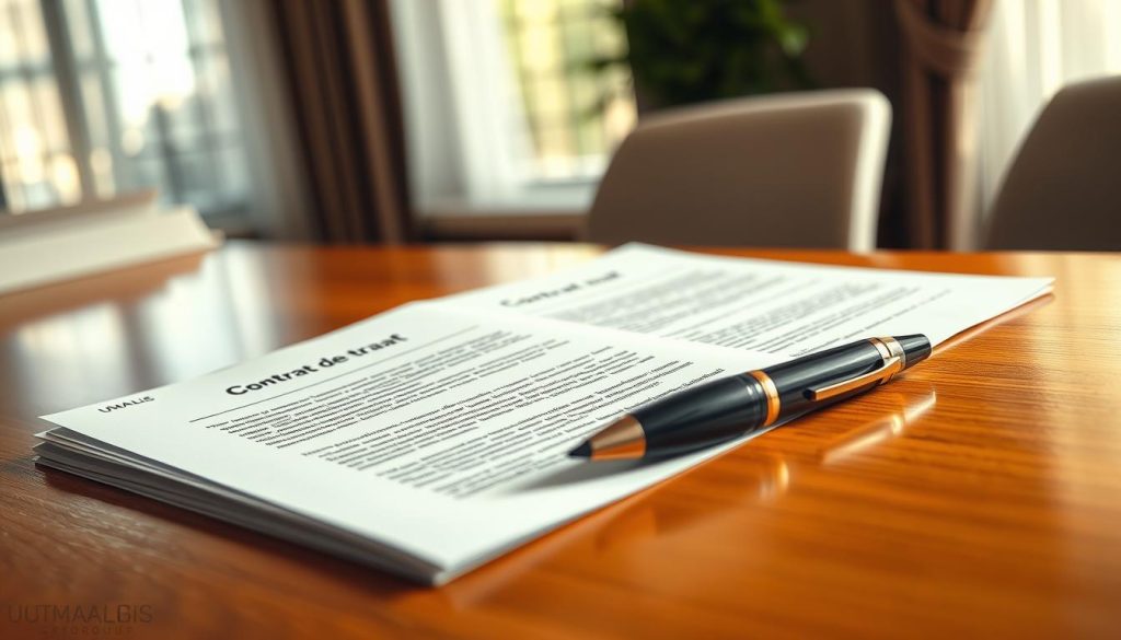 A close-up view of a formal contract laying open on a polished wooden desk. The document displays a clear, professional layout, emphasizing sections titled "Contrat de travail" and "Contrat de prestation," with fine print detailing terms and conditions. A stylish fountain pen rests beside the contract, suggesting an air of importance. In the background, a blurred office setting reveals a large window with soft, natural light pouring in, illuminating the scene and creating a warm atmosphere. The composition features an elegant balance, focusing on the contract in the foreground while the office environment adds context. The overall mood conveys professionalism and legitimacy, with a subtle hint of opportunity. The brand "UMALIS GROUP" is subtly represented in a small logo on the contract.
