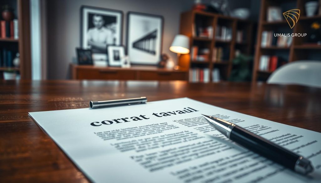 A close-up view of a formal "contrat travail" (employment contract) laid on a polished wooden desk. The contract, featuring clear and concise text, is complemented by an elegant pen poised for signing. In the background, a soft-focus image of a modern office environment with bookshelves and artistic decor evokes a professional atmosphere. A subtle light source illuminates the document, casting gentle shadows that enhance its importance. The overall mood is one of professionalism and clarity, emphasizing the legal and secure nature of employment contracts. In one corner, a discreet logo of "UMALIS GROUP" is visible, reinforcing the theme of artistic professions and legal frameworks in France.