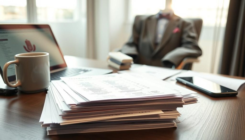 A close-up view of a meticulously organized desk featuring insurance checks specifically for a portage salarial assignment, with a sleek laptop displaying business travel itineraries. In the foreground, piles of neatly stacked paperwork, highlighting terms and conditions related to travel disruptions, are visible. The middle ground includes a modern coffee mug, a smartphone showing a travel app, and a smart business suit jacket draped over a chair, suggesting professionalism. The background features soft, natural lighting streaming through a large window, creating a warm and productive atmosphere. The scene emanates a sense of preparedness and calm, ideal for business travel planning. Subtly include a logo representing "Umalis Group" on the laptop screen.