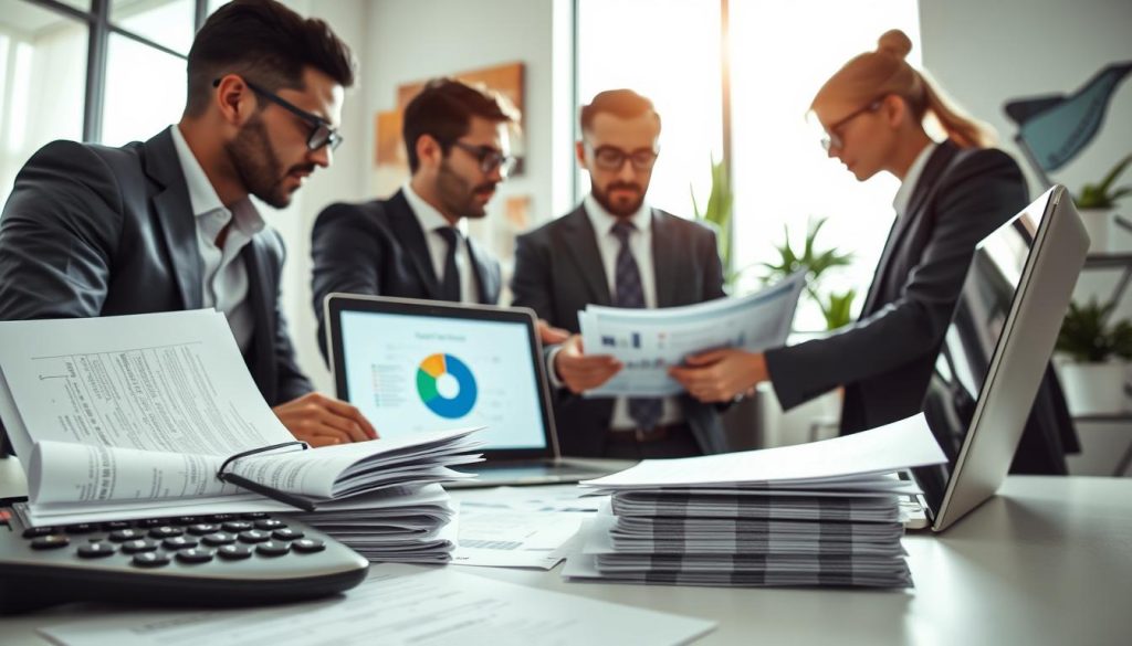 A close-up view of a modern office workspace focused on social contributions related to portage salarial. The foreground features a professional-looking calculator, a stack of detailed financial reports, and a laptop screen displaying a pie chart illustrating social charge distributions. In the middle, a diverse group of three business professionals—two men and one woman, all in professional attire—are engaged in discussion, pointing at the reports with focused expressions. The background shows soft, natural light streaming through large windows, illuminating a sleek, contemporary office space adorned with potted plants and abstract art. The scene conveys a mood of collaboration and clarity, emphasizing the impact of social charges on financial decisions. A close-up view of a modern office workspace focused on social contributions related to portage salarial. The foreground features a professional-looking calculator, a stack of detailed financial reports, and a laptop screen displaying a pie chart illustrating social charge distributions. In the middle, a diverse group of three business professionals—two men and one woman, all in professional attire—are engaged in discussion, pointing at the reports with focused expressions. The background shows soft, natural light streaming through large windows, illuminating a sleek, contemporary office space adorned with potted plants and abstract art. The scene conveys a mood of collaboration and clarity, emphasizing the impact of social charges on financial decisions.
