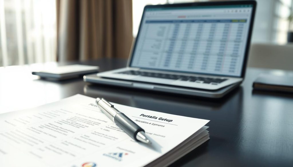 A close-up view of a neatly organized desk featuring Portage salarial assignment documents and payment terms. The foreground shows a stack of glossy paper with detailed information, including contracts and payment structures, branded with the Umalis Group logo. A professional pen is placed elegantly beside the documents. In the middle, a laptop is slightly open, showing a spreadsheet with calculations relevant to relocation expenses. The background features a softly blurred office environment with natural light streaming through a window, casting gentle shadows. The mood is focused and organized, conveying a sense of professionalism and preparation, ideal for someone preparing for their consulting assignment in France.