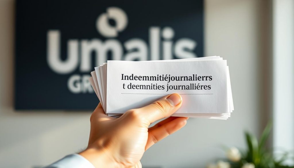 A close-up view of a person's hand holding a stack of documents labeled "Indemnités journalières" against a blurred background featuring the Umalis Group logo. The documents are highlighted with soft, natural lighting, conveying a sense of importance and professionalism. The composition emphasizes the concept of "Comprendre les indemnités journalières" by focusing on the key paperwork and materials related to daily allowance benefits.