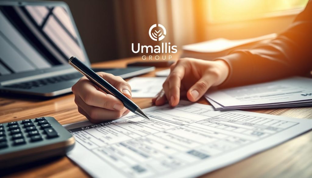A close-up view of a person's hands carefully filling out a tax return form on a wooden desk, with a laptop, calculator, and stack of financial documents nearby. The scene is bathed in warm, focused lighting, creating a sense of concentration and diligence. In the background, the Umalis Group logo is discreetly displayed, conveying the professional context of the tax preparation process. The overall mood is one of thoughtful attention to detail and compliance with tax obligations.