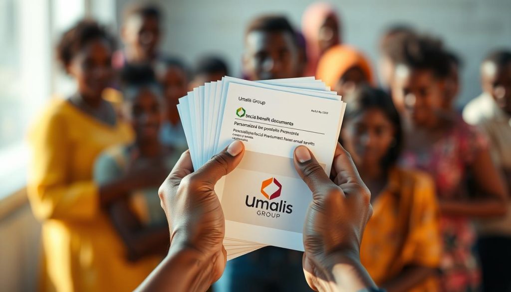 A close-up view of a person's hands holding a stack of personalized social benefit documents, showcased against a blurred background of diverse individuals. The scene is bathed in warm, natural lighting, creating a sense of approachability and accessibility. In the foreground, the documents feature the Umalis Group logo, emphasizing the personalized nature of the social protection services. The overall composition conveys a message of individualized care and support within the broader social safety net.