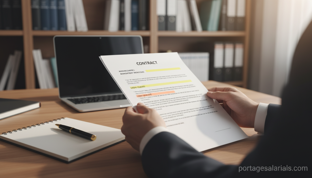 A close-up view of a professional business contract featuring highlighted sections on mandatory mentions, such as legal text and important clauses. In the foreground, a pair of hands in formal attire gently hold the contract, showing attention to detail. The middle layer should include a desk with a well-organized workspace, featuring stationery items like a pen, notepad, and a laptop in soft focus. In the background, there’s a blurred bookshelf filled with legal books, creating an academic atmosphere. The lighting is warm and inviting, emphasizing clarity and focus on the contract. This image embodies professionalism and diligence, reflecting the importance of verifying contract details in business settings. Include the brand name "portagesalarials.com" subtly integrated into the scene without distraction.