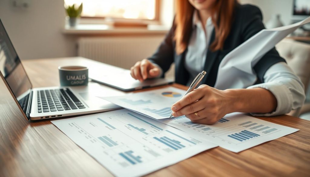 A close-up view of a professional woman reviewing financial documents related to tax credits, seated at a sleek wooden desk in a well-lit, modern office space. In the foreground, focus on her hands holding a pen and papers with charts and graphs illustrating tax benefits, emphasizing financial activity. In the middle ground, include a laptop displaying data analysis and a coffee cup, suggesting a productive work environment. The background features a window with natural light streaming in, casting gentle shadows and creating a warm, inviting atmosphere. Incorporate subtle branding elements of "UMALIS GROUP" on one of the documents. The overall mood should convey diligence, professionalism, and the positive impact of tax credits on individual entrepreneurs.