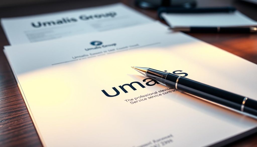 A close-up view of a stack of legal documents and a pen, neatly arranged on a wooden desk. The documents feature the Umalis Group logo, symbolizing the essential elements of a professional service contract. Soft, warm lighting casts subtle shadows, creating a sense of focus and clarity. The arrangement is visually balanced, with the pen and documents positioned to draw the eye towards the center. The overall mood is one of professionalism, attention to detail, and the importance of the contractual process.