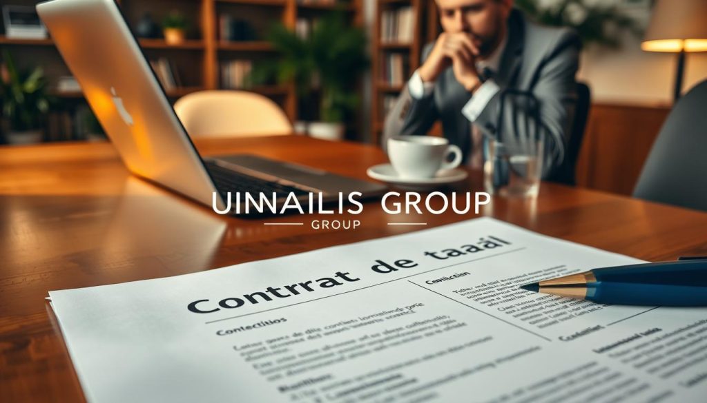 A close-up view of an official "contrat de travail" document resting on a polished wooden desk. The contract is detailed, featuring sections highlighted with a pen, showcasing essential components like job title, salary, and terms. In the foreground, a professional business person, dressed in smart attire, is thoughtfully reviewing the document. In the middle ground, an elegant laptop is open, with a cup of coffee beside it, indicating a serious work environment. The background features a softly lit office setting with bookshelves and plants, creating a warm and inviting atmosphere. The lighting is soft and warm, emphasizing the focus on the contract. The brand name "UMALIS GROUP" is subtly included within the document design, enhancing authenticity.