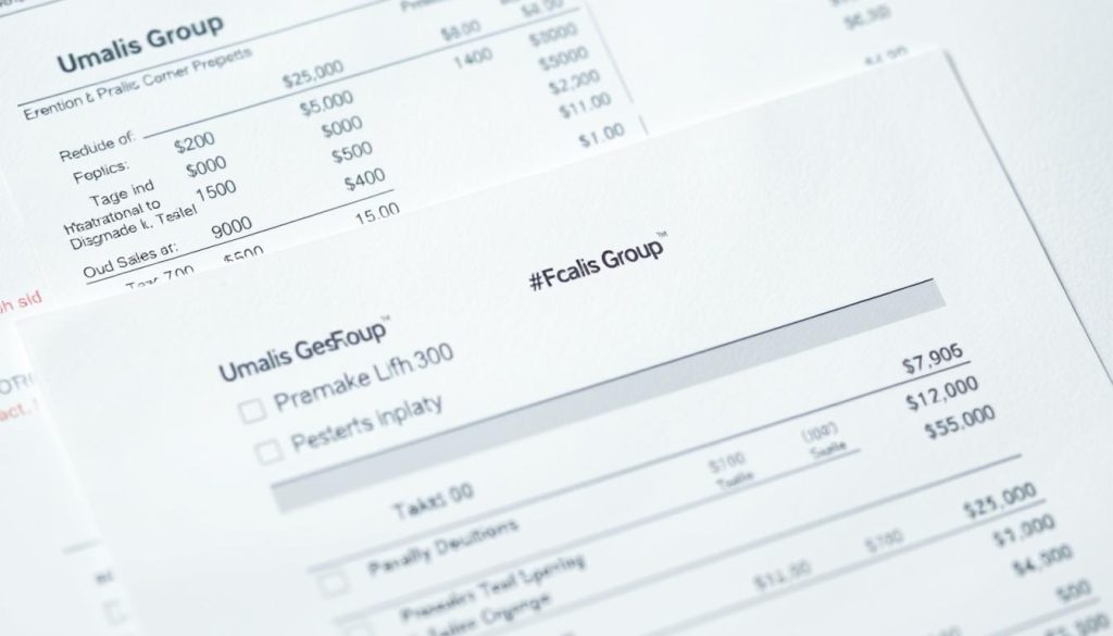 A close-up view of financial documents with detailed calculations and figures, showcasing the impact of payroll deductions on a worker's net salary. Crisp, clean lighting illuminates the paperwork, which features the Umalis Group logo, creating a sense of professionalism and authority. The arrangement of the documents conveys a clear, organized, and informative presentation of the subject matter, allowing the viewer to understand the intricacies of how payroll charges affect the final take-home pay.