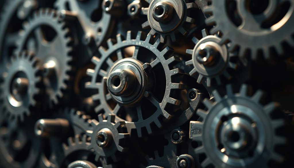 A close-up view of intricate fiscal mechanisms in the context of the UMALIS GROUP's salaried portage system. Gears, cogs, and levers intertwine, representing the complex legal and financial structures that enable tax deductions and other fiscal advantages. Soft lighting casts shadows, highlighting the technical details and creating a contemplative, almost meditative atmosphere. The scene conveys the depth and nuance of the salaried portage fiscal landscape, inviting the viewer to delve deeper into this specialized domain.