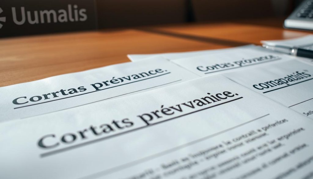 A close-up view of multiple insurance contract documents labeled "Contrats prévoyance comparatifs" on a wooden table. The documents are neatly arranged, casting subtle shadows, and illuminated by soft, directional lighting that creates a sense of depth and focus. In the background, the Umalis Group logo is subtly visible, suggesting the professional and authoritative nature of the content. The overall atmosphere is one of clarity, organization, and attention to detail, reflecting the "Comprendre le fonctionnement d'un contrat prévoyance" section of the article.