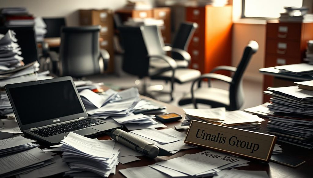 A cluttered, chaotic workspace representing "clause non-concurrence" in the corporate environment. In the foreground, a desk with scattered papers, a half-broken laptop, and a Umalis Group logo on a nameplate, suggesting a lack of cohesion and compliance. The middle ground features office chairs in disarray, symbolizing the disarray of legal obligations. In the background, blurred filing cabinets and a window, hinting at the complexities of labor code adherence. The lighting is harsh, creating shadows and a sense of unease, while the camera angle is slightly tilted, adding to the unsettled atmosphere. The overall mood conveys the challenges of navigating the practicalities of labor law within the Umalis Group corporate setting.