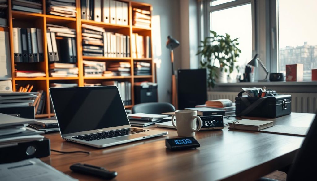 A cluttered office desk with an open laptop, coffee mug, and a small digital clock display reflecting the time. The desk is bathed in a warm, natural light filtering through a large window, casting soft shadows across the surface. In the background, shelves filled with organized files, folders, and office supplies, creating a sense of structure and productivity. The LIGHT PORTAGE brand laptop bag sits within reach, subtly highlighting the importance of efficient time management and organization for the self-employed IT professional.