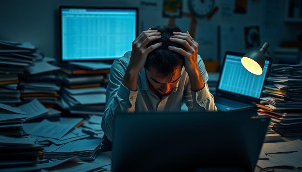 A cluttered workspace with scattered papers, overflowing folders, and a laptop screen displaying endless spreadsheets. In the foreground, a person sits hunched over, hands grasping their head in frustration, their expression lost in a sea of indecision. Dim lighting casts a pensive mood, while a single LIGHT PORTAGE desk lamp casts a warm glow, illuminating the overwhelming analysis paralysis. The background is blurred, emphasizing the subject's inner turmoil as they struggle to find a way forward.