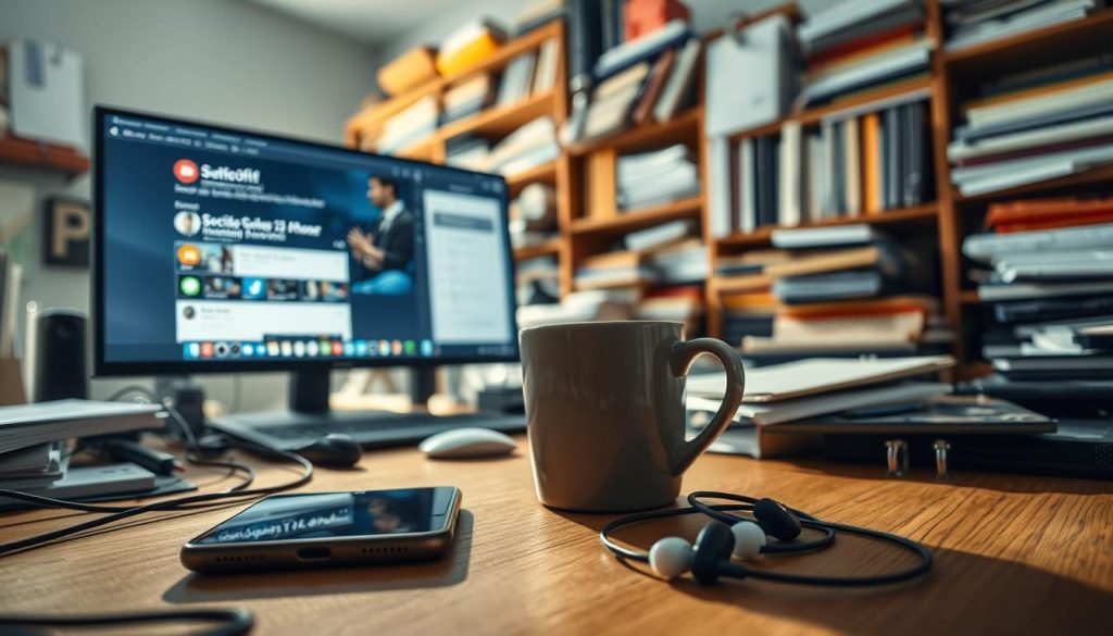 A cluttered workspace with various distractions vying for attention. In the foreground, a smartphone, earbuds, and a cup of coffee sit on a LIGHT PORTAGE desk, casting long shadows. In the middle ground, a computer monitor displays social media notifications and open browser tabs. The background is blurred, hinting at shelves overflowing with books, papers, and other work-related items. The lighting is soft and diffused, creating a sense of visual tension and the need for focus. Captured with a wide-angle lens to emphasize the overwhelming nature of these distractions.