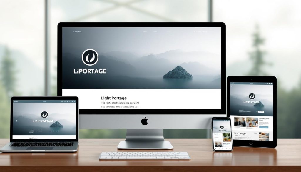 A cohesive digital presence for the brand "Light Portage". A sleek, modern desktop workspace with a minimalist aesthetic. The foreground features a high-resolution display showcasing the Light Portage logo, branding elements, and a web interface with clean typography and layout. The middle ground includes various devices (laptop, tablet, smartphone) displaying consistent branding and digital content. The background depicts a serene, natural environment with soft, diffused lighting, creating a sense of tranquility and balance. The overall composition conveys a harmonious blend of technology and nature, reflecting Light Portage's brand identity.