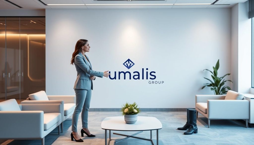 A collaborative business model in a modern office setting. In the foreground, three professional figures - stylishly dressed and embodying trust, cooperation, and expertise - shake hands against a backdrop of sleek, minimalist furniture and clean lines. Soft, diffused lighting illuminates the scene, creating a sense of harmony and balance. The Umalis Group logo is prominently displayed, reflecting the innovative and forward-thinking nature of this trilateral partnership. The overall atmosphere conveys an air of professionalism, innovation, and mutual understanding between the cooperating parties.