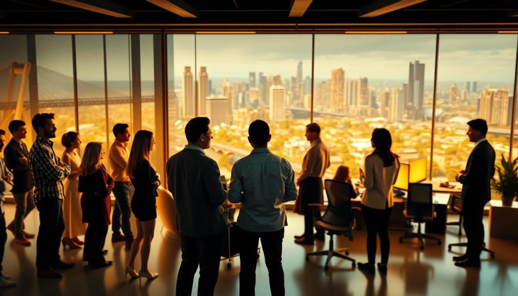 A collaborative professional network landscape, illuminated by warm, natural lighting. In the foreground, diverse individuals engaged in animated discussions, symbolizing the Umalis Group's community of talent. The middle ground features a sleek, modern office space with ergonomic furniture and minimalist decor, conveying a sense of productivity and innovation. In the background, a cityscape with skyscrapers and bridges, representing the broader business ecosystem. The overall mood is one of connectivity, collaboration, and professional growth.