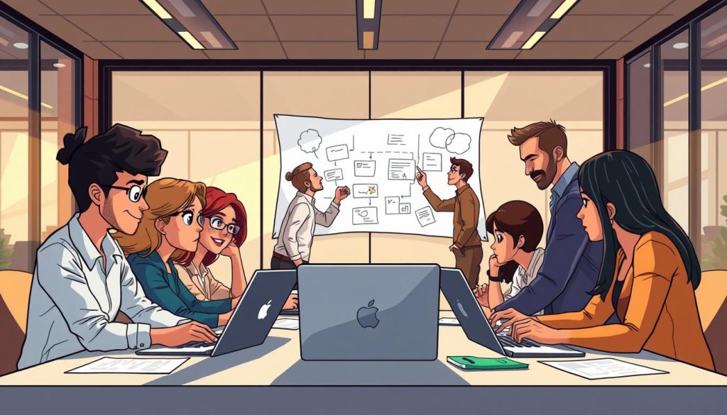 A collaborative team of diverse professionals working together to overcome challenges, with a sense of camaraderie and determination. In the foreground, colleagues strategize over a table, surrounded by laptops and papers. In the middle ground, team members brainstorm on a whiteboard, animated expressions conveying their problem-solving efforts. The background showcases a modern, glass-walled office space, bathed in warm, natural lighting that creates an atmosphere of productive focus. Shadows and reflections add depth, while the overall composition suggests a harmonious, synergistic effort to navigate complex, high-stakes projects.