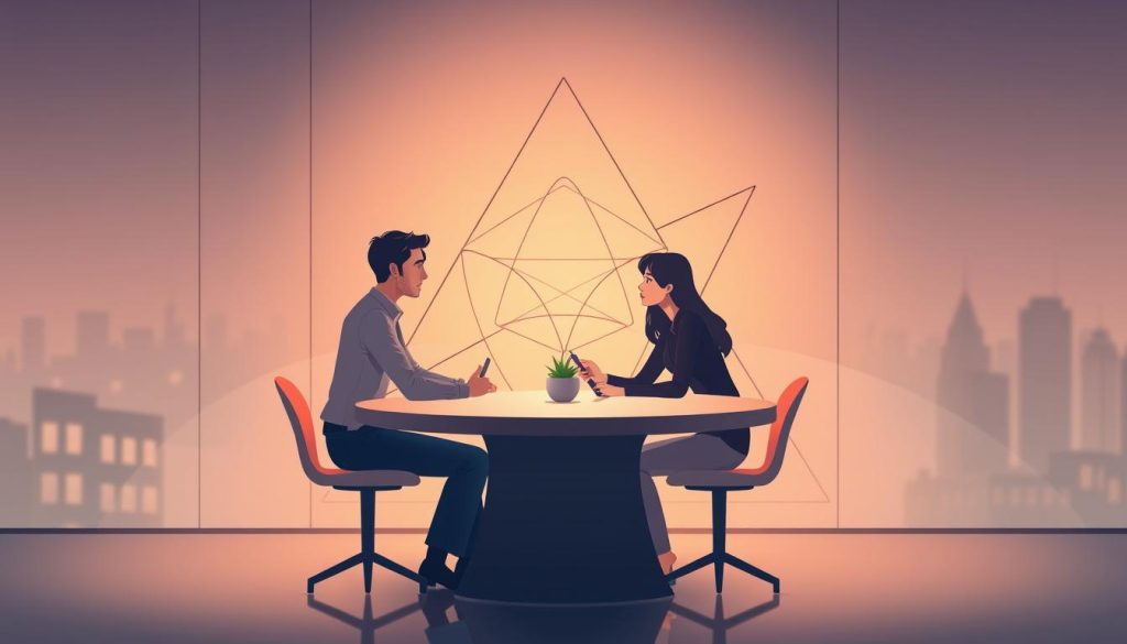 A collaborative triangle of professionals, representing the Umalis Group, working together in harmony. In the foreground, a stylized illustration of three individuals - an entrepreneur, a client, and a talent - meeting at a modern, minimalist table, bathed in warm, diffused lighting that creates a sense of unity and cooperation. In the middle ground, abstract geometric shapes and lines in muted tones suggest the interconnected nature of their partnership. The background features a subtle, blurred cityscape, hinting at the broader context in which this "三方合作模式" operates, conveying a sense of professionalism and success. The overall mood is one of efficiency, synergy, and the empowerment of independent careers.