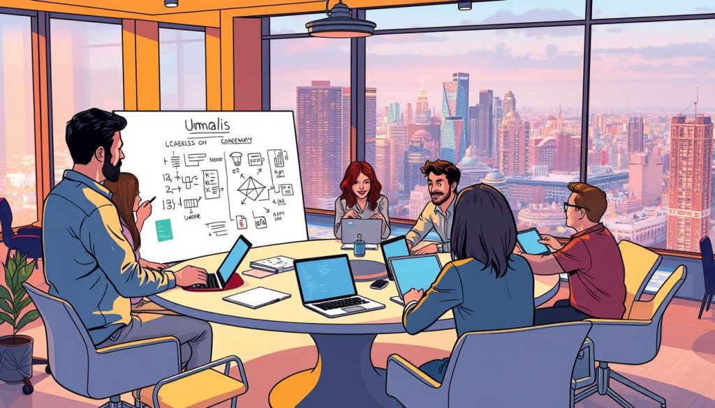 A collaborative workspace with Umalis Group team members engaged in lively discussions, brainstorming ideas on a large whiteboard. Warm lighting casts a soft glow, creating an inviting atmosphere. Employees sit around a modern, circular table, laptops open, sketching diagrams and jotting down notes. In the background, a panoramic view of a bustling city skyline sets the scene. The overall mood is one of productive teamwork and open communication, reflecting the team collaboration features of the Umalis Group project management software.