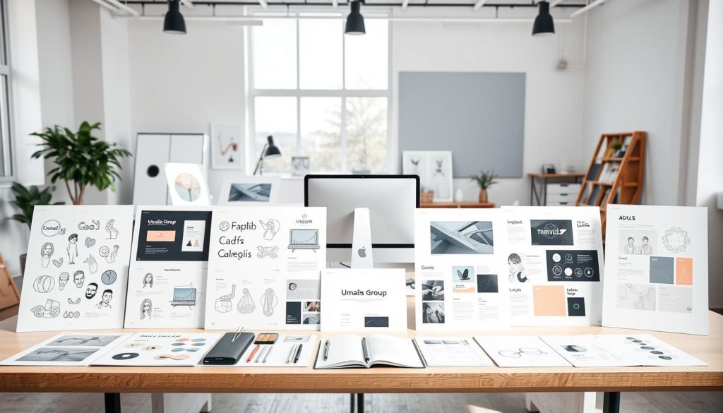 A collection of successful graphic design projects showcased in a modern, minimalist setting. In the foreground, a well-curated display of digital illustrations, branding materials, and UI/UX designs created for the Umalis Group. The middle ground features neatly arranged design tools, sketchbooks, and a sleek desktop computer. The background is a bright, airy studio space with large windows allowing natural light to flood the scene, creating a clean, professional atmosphere. The overall mood is one of creativity, innovation, and a sense of pride in the high-quality design work produced.