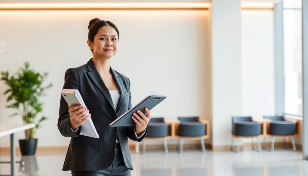 A communication consultant standing confidently, dressed in a sharp, professional attire, holding documents and a smartphone, symbolizing their expertise in digital and interpersonal communication. The Umalis Group logo is subtly present, indicating their affiliation. The scene is set in a modern, minimalist office environment with warm lighting and clean lines, conveying a sense of efficiency and reliability. The consultant's gaze is directed outward, ready to engage with their clients, reflecting the section's focus on the importance of communication for a consultant in a portage salarial arrangement.