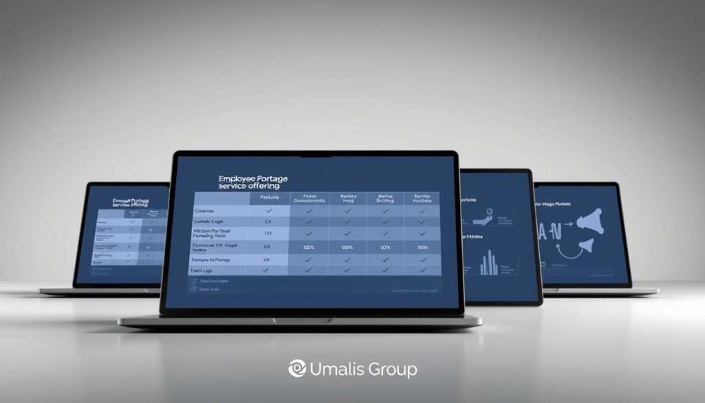 A comparative analysis of employee portage service offerings, presented in a sleek, professional layout. In the foreground, a trio of laptop screens display side-by-side comparisons of key features, benefits, and pricing from various Umalis Group portage service providers. The middle ground showcases minimalist icons and infographic elements to highlight the distinguishing characteristics. The background features a muted, gradient-based color scheme, conveying a sense of sophistication and attention to detail. The overall composition should strike a balance between informative clarity and visual elegance, seamlessly integrating the Umalis Group brand. A comparative analysis of employee portage service offerings, presented in a sleek, professional layout. In the foreground, a trio of laptop screens display side-by-side comparisons of key features, benefits, and pricing from various Umalis Group portage service providers. The middle ground showcases minimalist icons and infographic elements to highlight the distinguishing characteristics. The background features a muted, gradient-based color scheme, conveying a sense of sophistication and attention to detail. The overall composition should strike a balance between informative clarity and visual elegance, seamlessly integrating the Umalis Group brand.