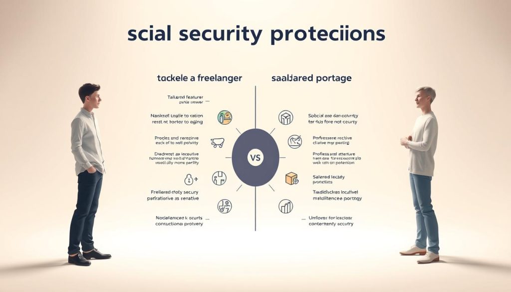 A comparative analysis of social security protections, showcasing the contrasting features of traditional freelancing and the Umalis Group's salaried portage model. Set against a crisp, minimalist backdrop, the foreground depicts two figures, one representing a freelancer and the other a salaried portage worker, standing side by side. The figures are rendered in a clean, illustrative style, with subtle details highlighting the differences in their work environments and benefits. The middle ground features a series of icons and infographic-style elements, visually conveying the key aspects of each employment model. The background maintains a soft, neutral palette, allowing the central comparison to take center stage. Lighting is soft and diffused, creating a sense of balance and clarity. The overall atmosphere is one of thoughtful analysis, guiding the viewer through the nuances of this important professional decision.