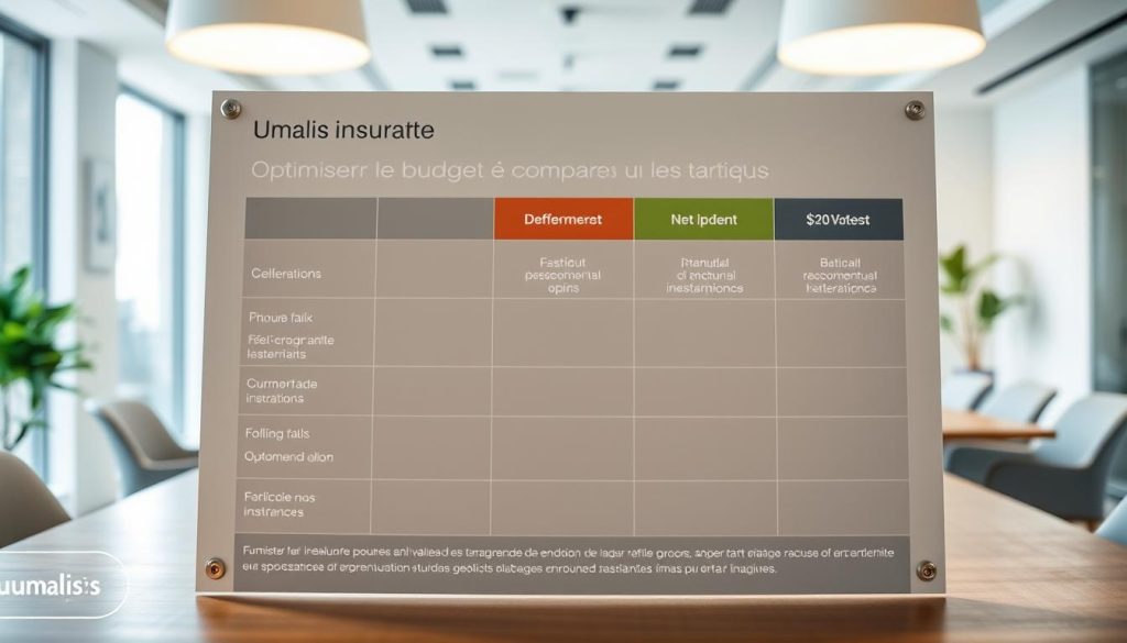 A comparative chart displaying the professional insurance rates offered by Umalis Group, showcased against a backdrop of a modern, minimalist office setting. The chart features clean typography, clear delineation of pricing tiers, and intuitive visual cues to highlight the key differences between the plans. The lighting is soft and diffused, creating a warm, professional atmosphere, while the camera angle provides a slightly elevated perspective to convey a sense of authority and expertise. The overall composition strikes a balance between informative clarity and visual appeal, making it an ideal asset to complement the "Optimiser le budget et comparer les tarifs" section of the "Assurance freelance : sécurisez votre activité freelance" article.