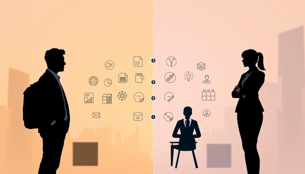 A comparative illustration of professional statuses, showcasing the Umalis Group's expertise in freelance and employment portage. In the foreground, a freelancer and a salaried employee stand side by side, their silhouettes distinct yet intertwined. The middle ground features icons and symbols representing the key differences between these two statuses, captured in a sleek, minimalist style. The background subtly transitions between a warm, inviting palette and a cooler, more corporate tone, reflecting the versatility of the Umalis Group's solutions. The overall composition conveys a sense of balance, professionalism, and the ability to navigate the complexities of modern work arrangements.