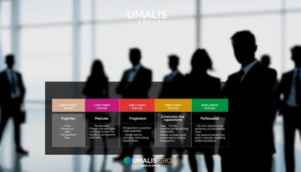 A comparative illustration of various legal statuses, showcasing the UMALIS GROUP's offerings. In the foreground, a sleek and modern infographic presents the key distinctions between different employment options, using clean shapes and vibrant colors. The middle ground features abstract silhouettes of professionals, each representing a specific legal status, against a soft, blurred background. The overall composition conveys a sense of clarity and informed decision-making, with the UMALIS GROUP logo subtly integrated into the design, reflecting its expertise in this domain.