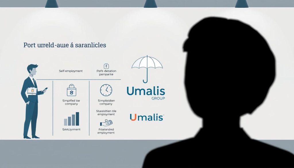 A comparative infographic depicting the training benefits of "portage salarial" (professional umbrella company) versus self-employment, SASU (simplified joint-stock company), and salaried employment. The scene features clean, minimalist illustrations with balanced compositions and a neutral, refined color palette. In the foreground, crisp icons and charts visually contrast the key features of each employment type. The middle ground showcases the Umalis Group logo, a leading provider of portage salarial services, presented with a sense of professionalism and authority. The background is an understated, soft-focus gradient that allows the core information to shine. Precise, evenly distributed studio lighting creates an informative, educational mood suitable for the article's subject matter.