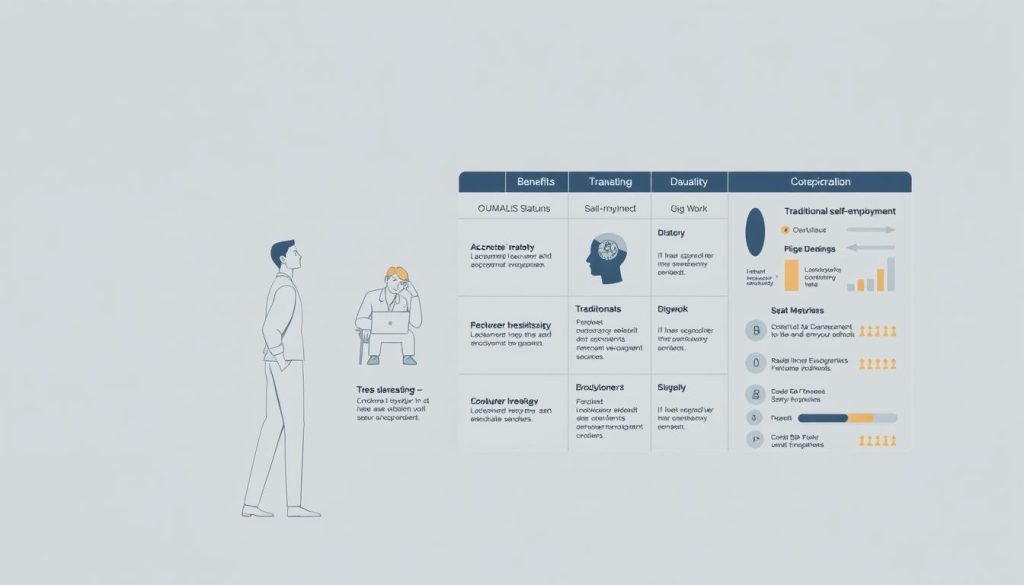 A comparative visual analysis of independent employment statuses, showcasing the distinct attributes and trade-offs of different freelance working models. In the foreground, a sleek, minimalist illustration depicts the key characteristics of UMALIS GROUP's salaried freelance model, with clean lines and a subtle color palette. In the middle ground, contrasting visuals highlight the diverse options available, such as traditional self-employment and gig work, each with their own unique visual signatures. The background features a stylized infographic, providing an at-a-glance comparison of the benefits, drawbacks, and suitability of these independent working arrangements. The overall aesthetic is sophisticated, data-driven, and designed to educate and inform the viewer on the nuances of the freelance landscape.