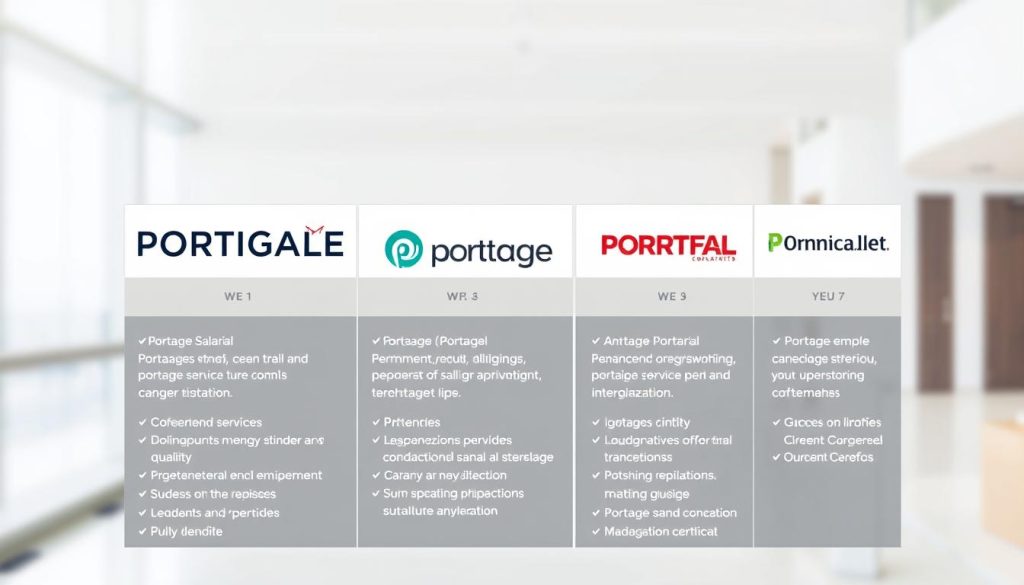 A comparative visualization of Portage Salarial employment options, showcasing the key differences between various service providers. Set against a clean, professional backdrop, the image should depict three distinct Portage Salarial company logos, each accompanied by a concise summary of their unique offerings, benefits, and target clientele. Employ a sophisticated color palette, clean typography, and a balanced, symmetrical layout to convey a sense of clarity and informed decision-making. The overall mood should be authoritative, informative, and visually appealing, guiding the viewer through the nuanced landscape of Portage Salarial solutions.