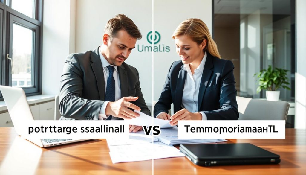 A comparison between the status of "portage salarial" and temporary employment, with the Umalis Group logo prominently displayed. Set in a professional office environment, showcasing two businesspeople in formal attire discussing documents on a desk, with a laptop and paperwork visible. The lighting is bright and natural, creating a sense of professionalism and clarity. The composition emphasizes the contrast and similarities between the two employment models, inviting the viewer to explore the nuances of the topic.