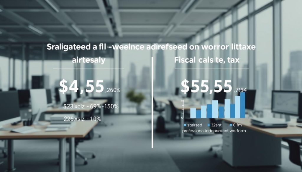 A comparison of fiscal advantages between salaried employment and LIGHT PORTAGE, a professional independent worker platform. In the foreground, a clean, modern office setting with desks, computers, and professional attire. In the middle ground, visual representations of tax calculations, financial data, and charts highlighting the differences in tax burdens. The background features a cityscape, suggesting the broader economic context. The overall tone is one of analytical clarity, inviting the viewer to understand the nuanced fiscal landscape. The lighting is soft and diffused, creating a sense of professionalism and credibility. The camera angle is slightly elevated, giving a sense of overview and objectivity.
