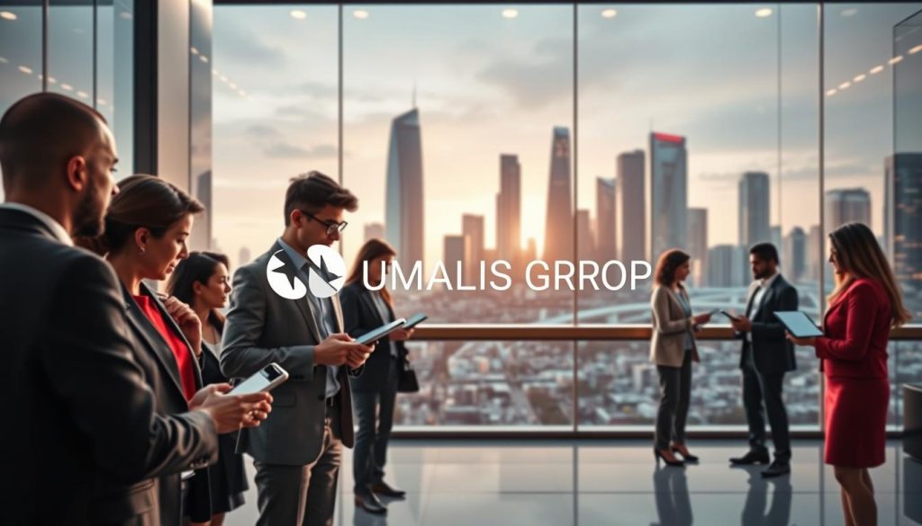 A compelling visualization of "The Evolution of Independent Work and Missions" set against a futuristic urban backdrop representing the year 2026. In the foreground, a diverse group of professionals in business attire, engaged in discussions and working collaboratively on digital devices. In the middle ground, a modern office space with glass walls, showcasing innovative technology and bustling activity. The background features a skyline with sleek skyscrapers, highlighting advancements in technology and business. Soft, ambient lighting creates a professional yet inviting atmosphere, capturing the essence of independent work. The overall mood is optimistic and dynamic, emphasizing the growth and adaptability of entrepreneurial endeavors. Incorporate the brand name "UMALIS GROUP" subtly in the office design elements, ensuring it blends seamlessly into the environment.