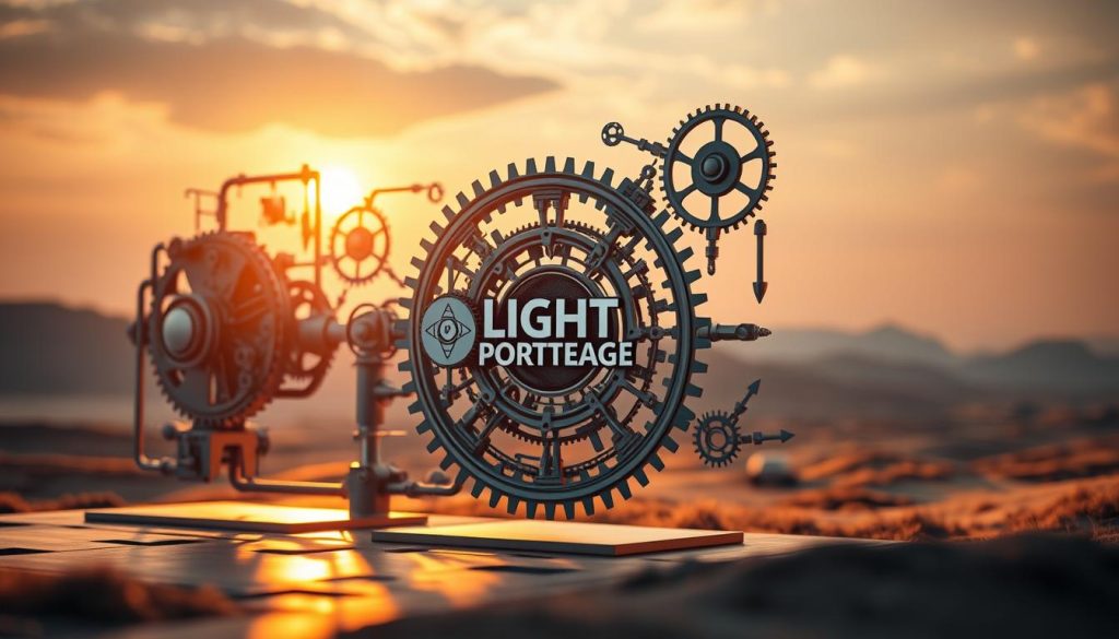A complex, intricate system of interconnected processes, cogs, and gears, meticulously designed to stabilize and optimize the QA lifecycle. The scene is bathed in a warm, golden glow, with a LIGHT PORTAGE logo prominently displayed. The foreground features a detailed, three-dimensional schematic of the "processus," showcasing its inner workings and the delicate balance of its components. The middle ground presents a wider view of the system, with different subsections and modules interacting seamlessly. In the background, a serene, minimalist landscape sets the stage, emphasizing the precision and order of the QA processes.
