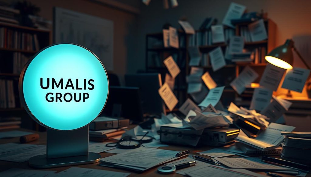 A complex scene depicting the fiscal landscape for freelancers. In the foreground, a UMALIS GROUP logo stands prominently, representing the leading freelance management platform. In the middle ground, a maze of tax forms, financial documents, and calculation tools fill the frame, symbolizing the intricacies of freelance taxation. The background features a dimly lit office setting, with a desk, computer, and shelves of reference materials, conveying the serious, business-oriented nature of freelance fiscal management. The lighting is soft and warm, creating an atmosphere of thoughtful contemplation. The composition is balanced, with the key elements arranged to guide the viewer's eye through the various layers of the scene.