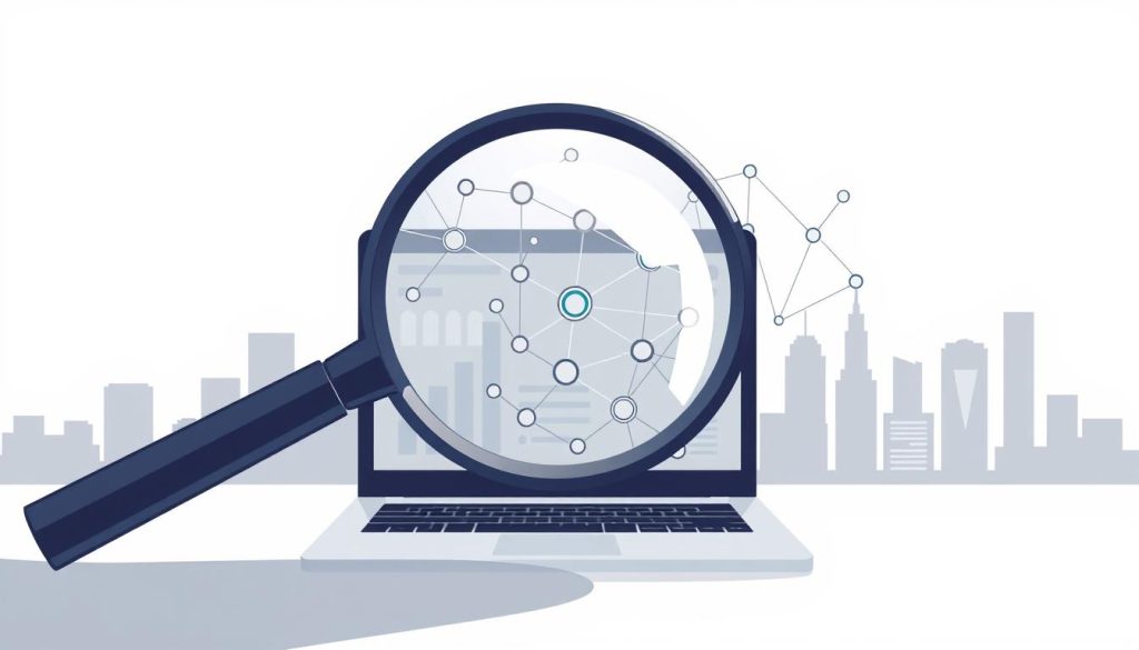 A comprehensive SEO audit process depicted in a sleek, modern illustration. In the foreground, a magnifying glass hovers over a laptop screen, showcasing a detailed analysis of website data. In the middle ground, a network of interconnected nodes and lines represent the complex web of search engine optimization factors. The background features a minimalist cityscape, symbolizing the digital landscape where online presence is established. Soft, directional lighting casts subtle shadows, creating depth and a sense of focus. The overall mood is one of professionalism, efficiency, and the strategic approach required to enhance a brand's online visibility.