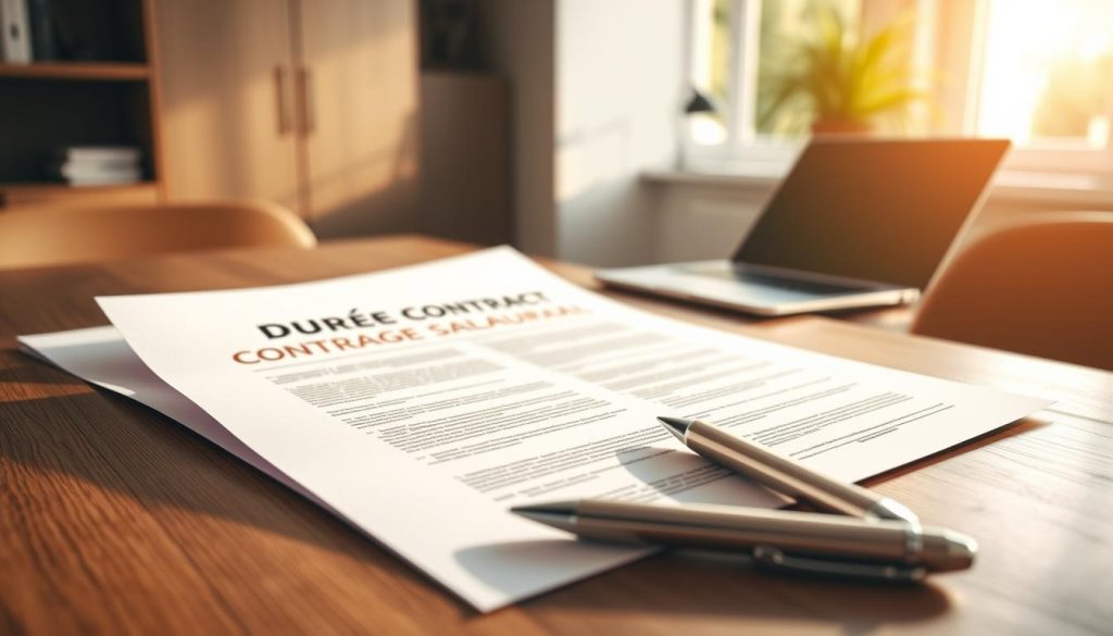 A comprehensive contract in a serene office setting, showcasing the "durée contrat portage salarial" concept. A wooden desk with a laptop, pen, and documents symbolizing the Umalis Group's professional services. Soft natural lighting filters through a window, casting a warm glow on the scene. The atmosphere conveys a sense of trust, expertise, and attention to detail, reflecting the article's focus on understanding the duration and renewal of salarial portage contracts.
