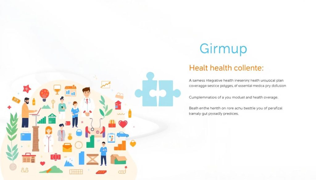 A comprehensive health insurance plan designed by Umalis Group, showcasing a seamless integration of essential medical coverage. In the foreground, a vibrant illustration depicts a diverse array of healthcare services, from doctor visits to prescription drug coverage. The middle ground highlights the complementary nature of the plan, with interlocking puzzle pieces symbolizing the harmonious relationship between the primary and supplementary policies. In the background, a clean and modern design elements convey the trustworthiness and professionalism of the Umalis Group brand. Soft, diffused lighting creates a calming atmosphere, while a balanced composition guides the viewer's eye through the various components of the complementary health plan.